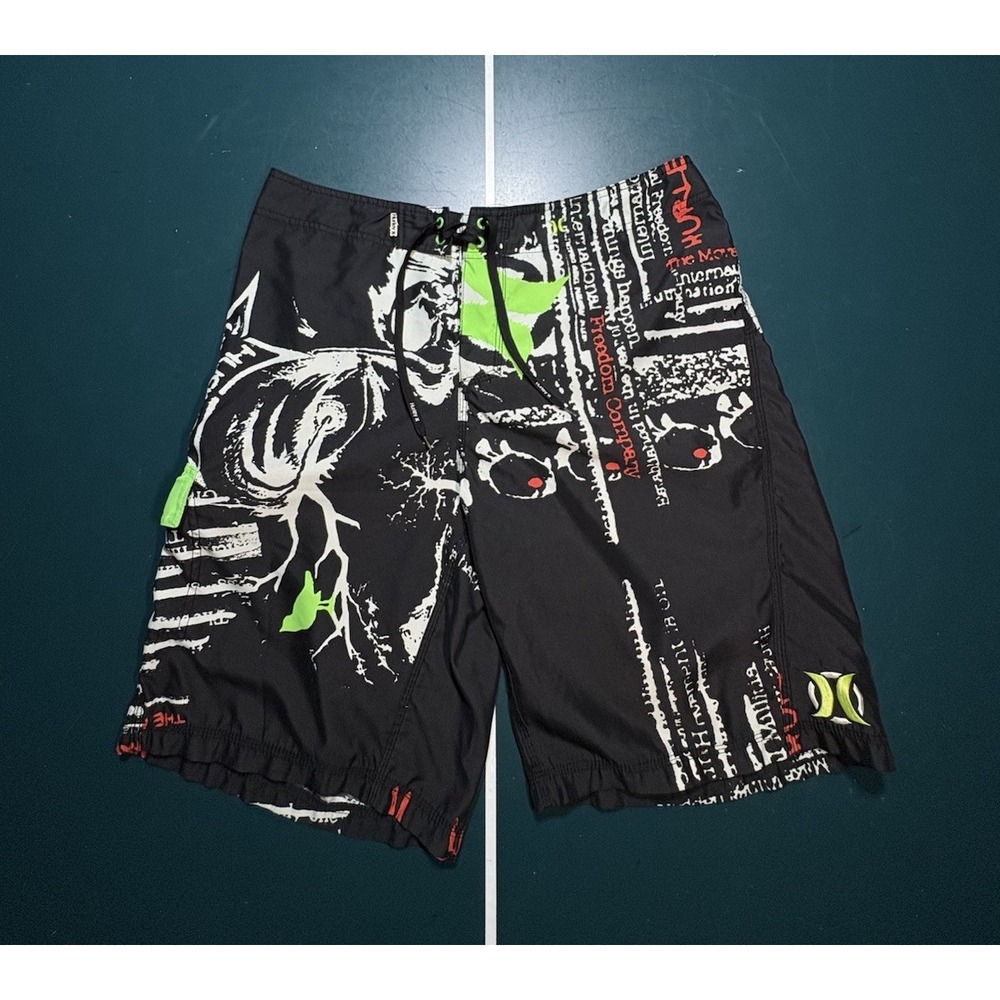 RARE Vintage HURLEY Board Shorts Men's Size 36 XL Black Skull Grunge‎ Skater Y2K